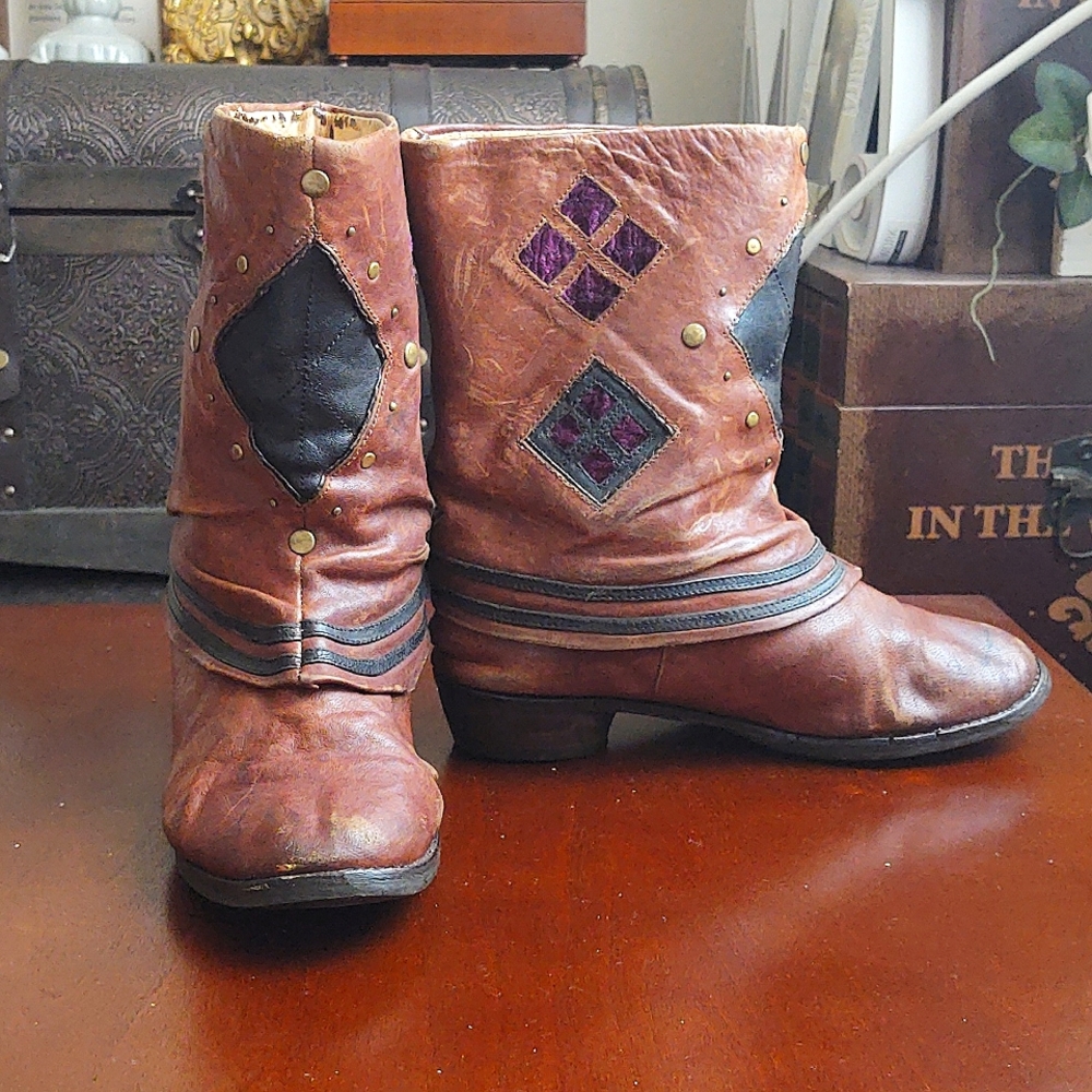 Naughty Monkey Vintage Genuine Leather Brown Patchwork Studded  Boots